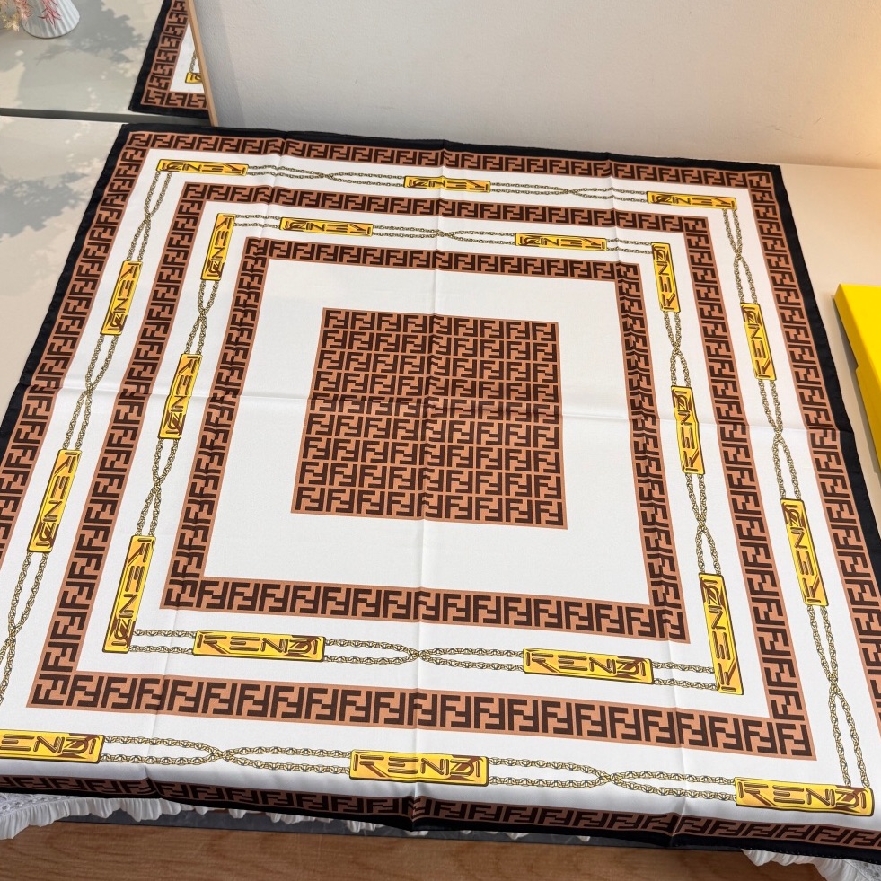Fendi Ff Logo Chain Print Silk Scarf Brown Gold White 90cm Square